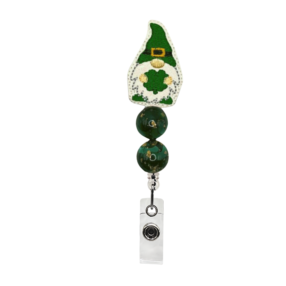 Gnome with Shamrock Beaded Badge Reel