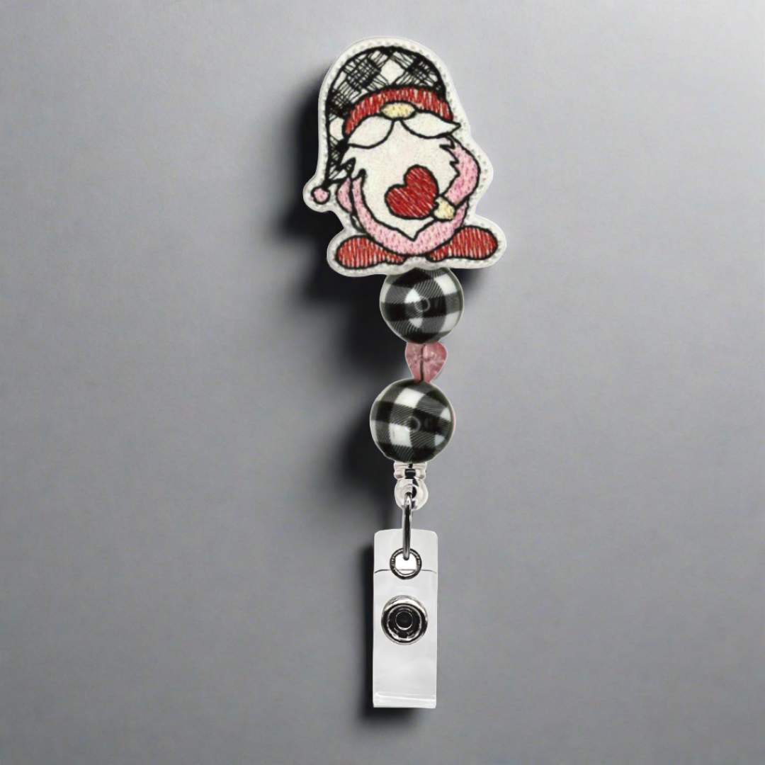 Gnome with Heart Beaded Badge Reel