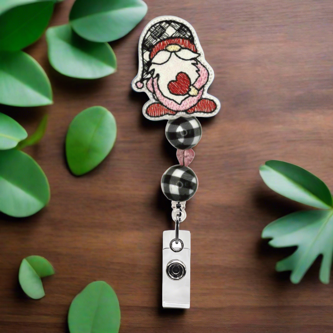 Gnome with Heart Beaded Badge Reel