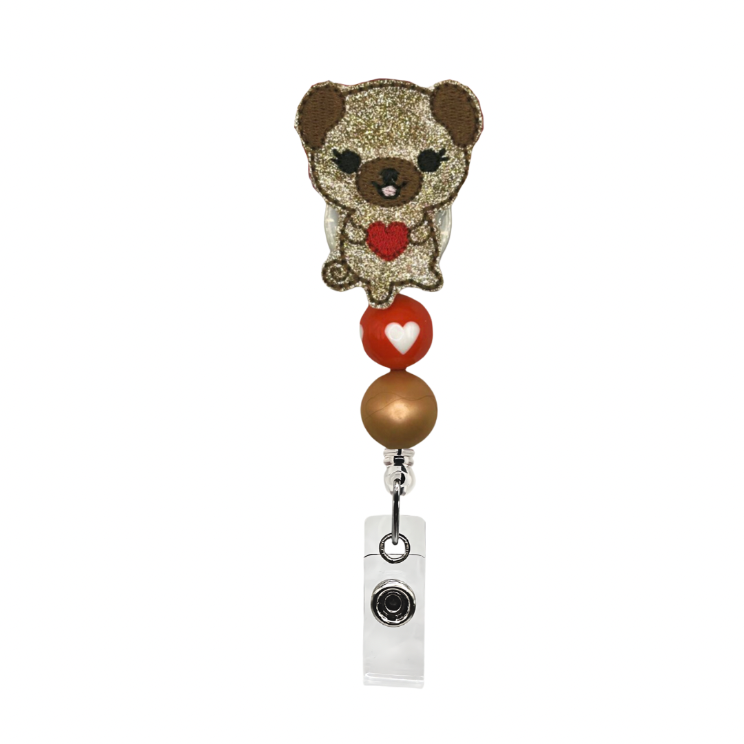 Dog holding Heart Beaded Badge Reel