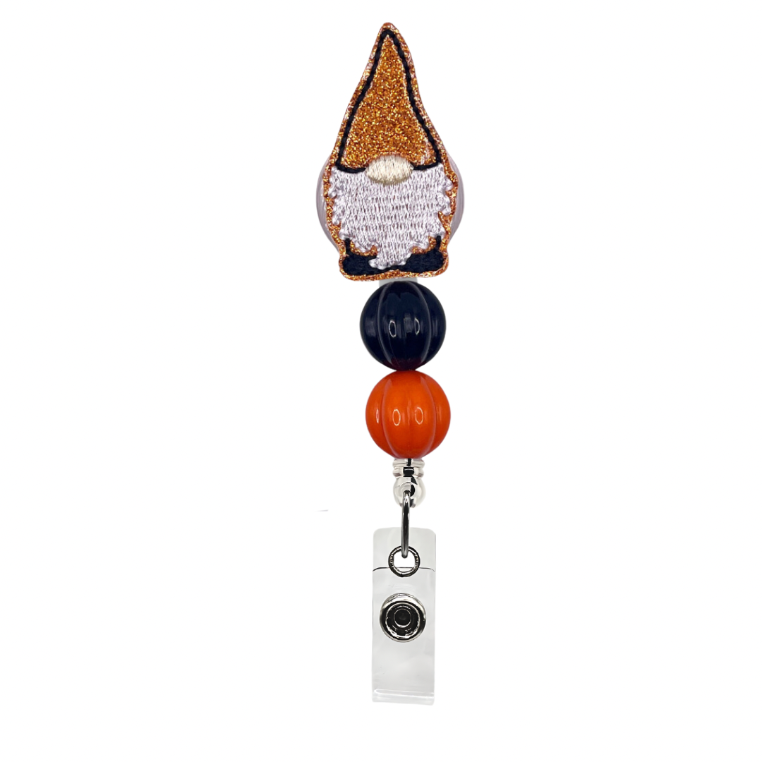 Black and Orange Gnome Beaded Badge Reel