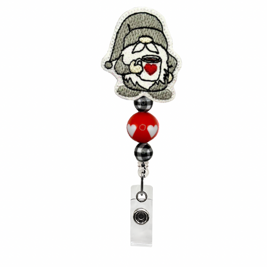 Gnome with Heart Coffee Beaded Badge Reel