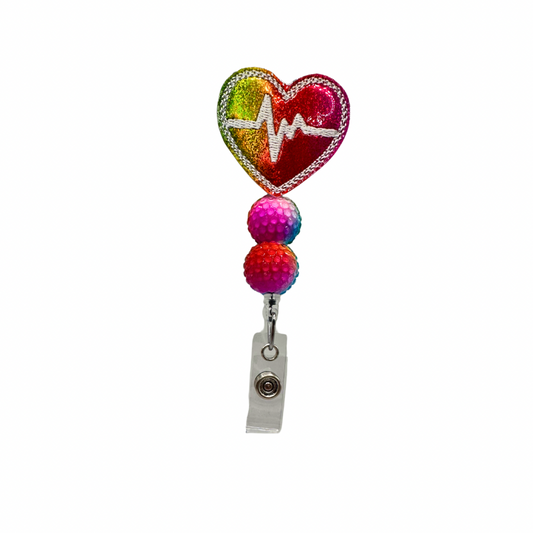 Rainbow Heart EKG Badge Reel