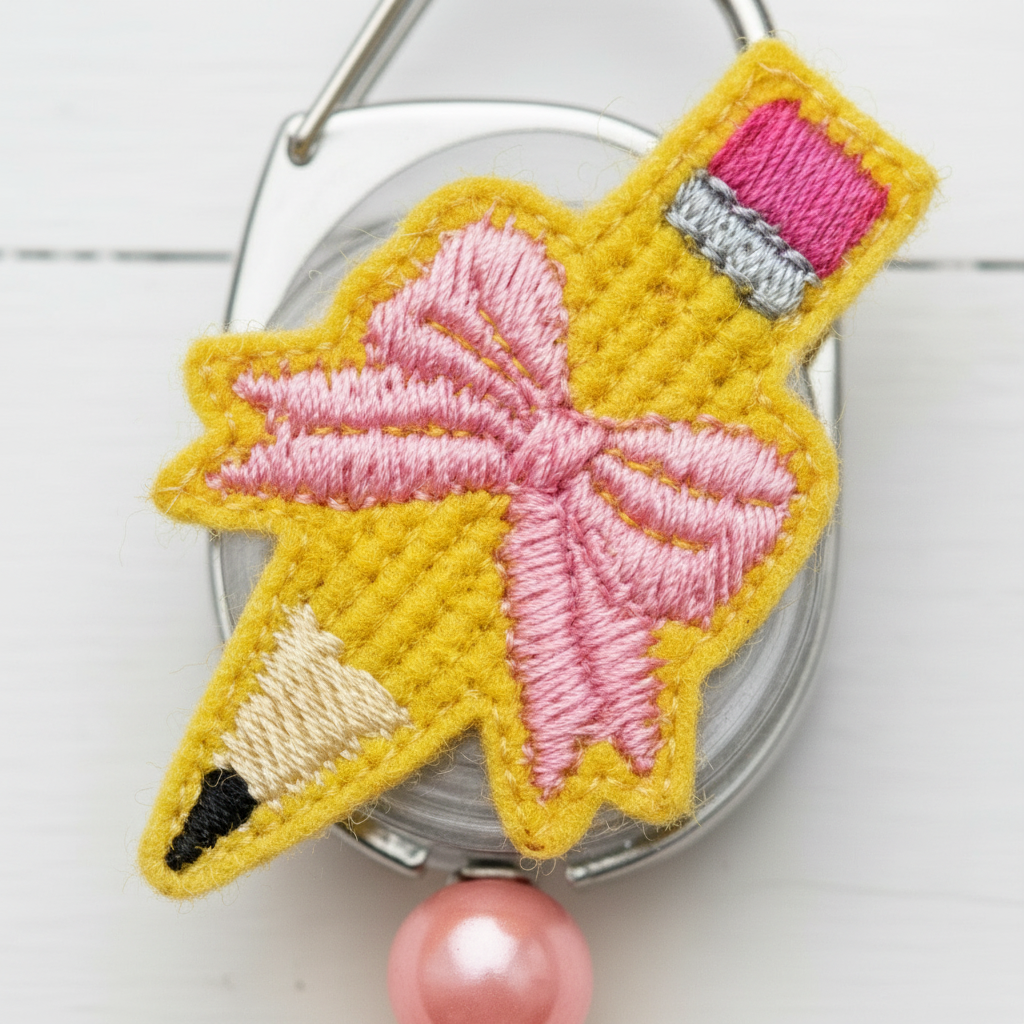 Pencil with Bow Badge Reel