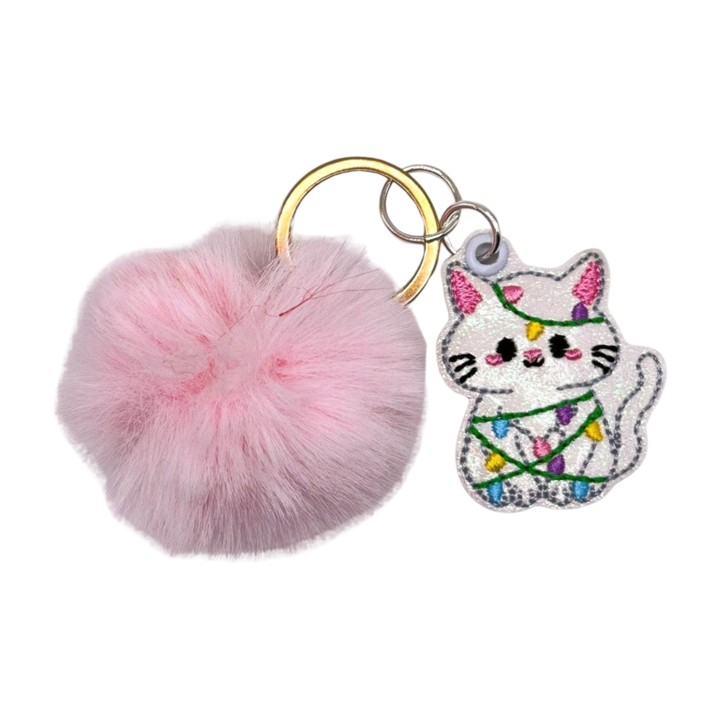 Christmas Light Kitten Pom Pom Keychain