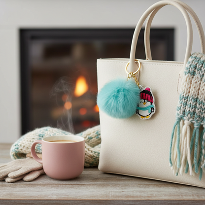 Winter Penguin Pom Pom Keychain