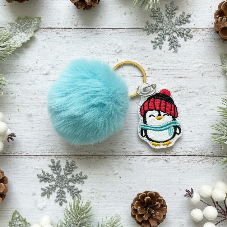 Winter Penguin Pom Pom Keychain