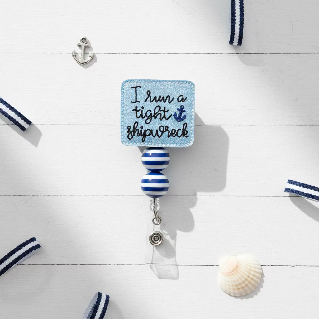 A nautical-themed retractable badge reel with a square blue plaque that reads 'I run a tight shipwreck' in black script with a blue anchor graphic. The plaque and striped rod are decorated in light blue and dark blue, and the badge is held by a silver clasp on a clear plastic sleeve, set against a light pink background.