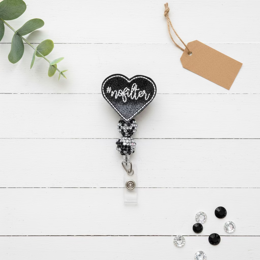 A black glitter heart-shaped badge reel with the word 'nofilter' in white script, attached to a clear plastic snap hook with a silver metal ring, set against a plain light pink background.