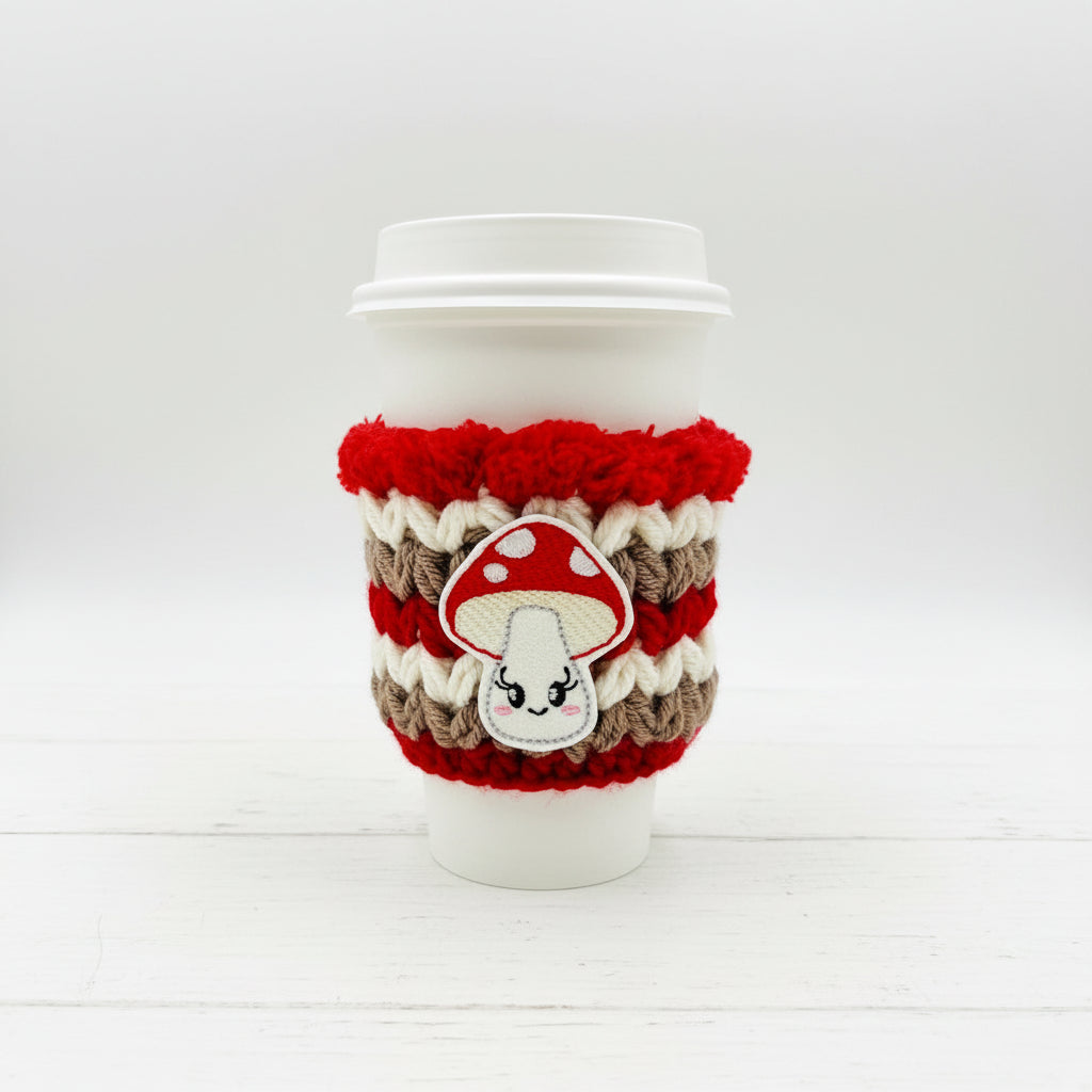 A white reusable coffee cup with a red, cream, and brown knitted sleeve featuring a cute embroidered mushroom patch.