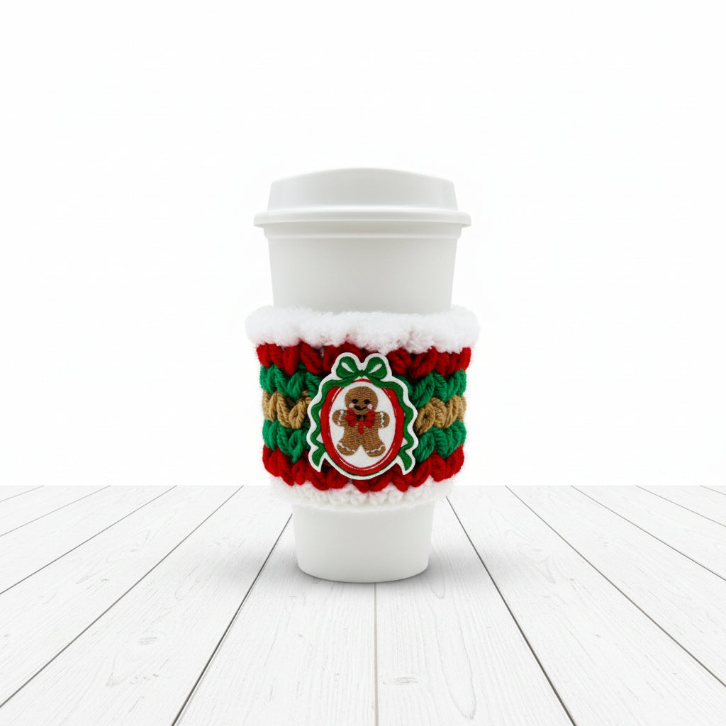 A white disposable coffee cup with a white lid, wrapped in a red, green, and white crocheted holiday sleeve featuring a gingerbread man patch in the center, on a light gray background.