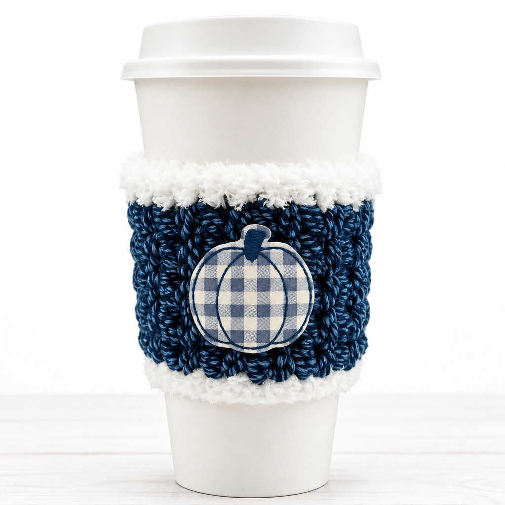 Navy Checkered Pumpkin Coffee Cozy, handmade drink sleeve