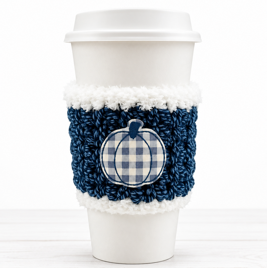 Navy Checkered Pumpkin Coffee Cozy, handmade drink sleeve