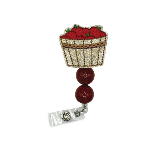Red Apple Basket Beaded Badge Reel