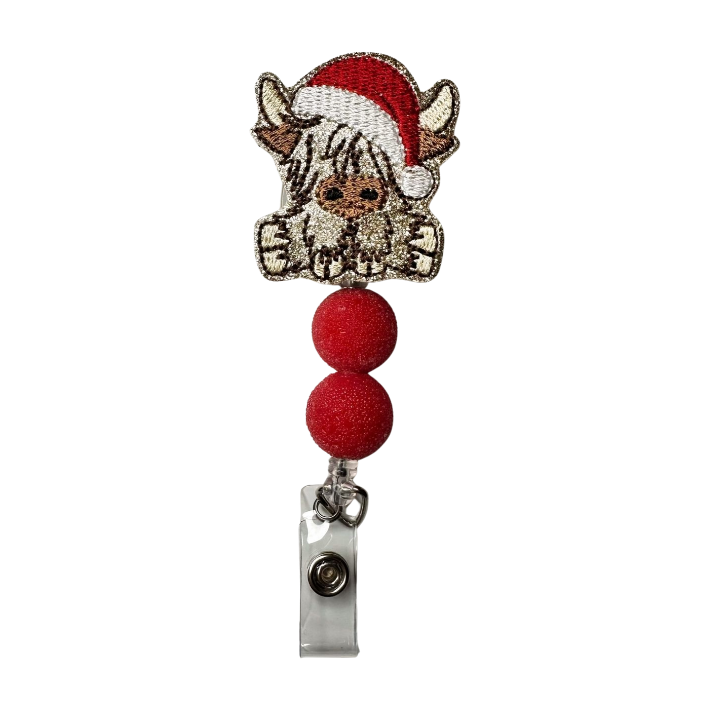 Highland Cow with Santa Hat Beaded Badge Reel