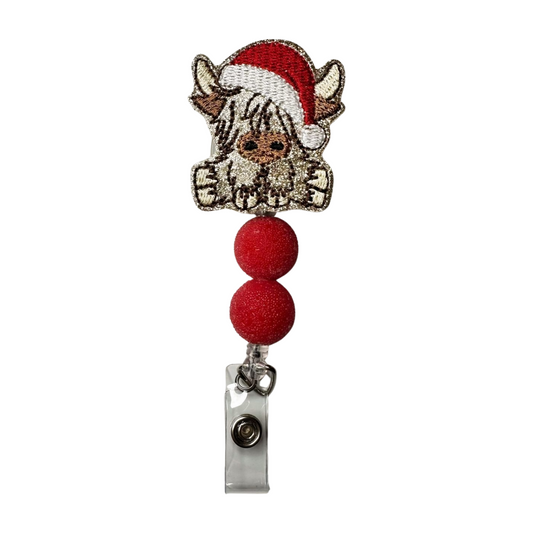 Highland Cow with Santa Hat Beaded Badge Reel