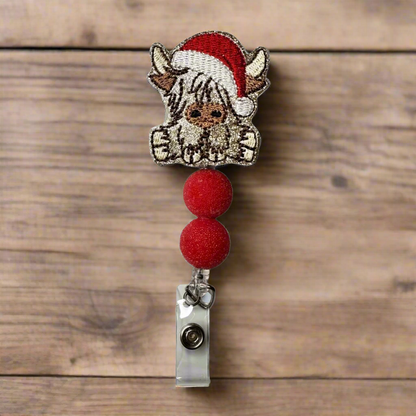 Highland Cow with Santa Hat Beaded Badge Reel