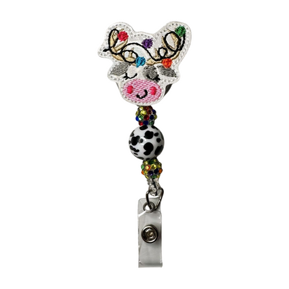 Cow Reindeer with Lights Beaded Badge Reel