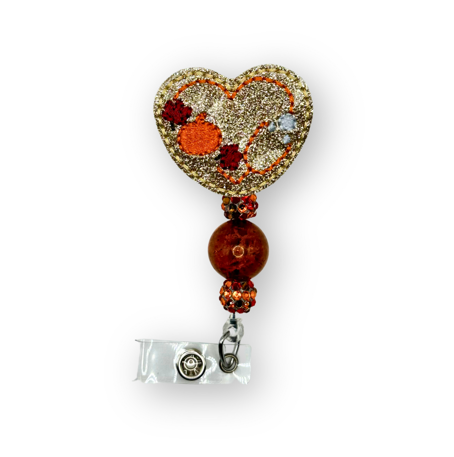 fall heart stethoscope beaded badge reel front
