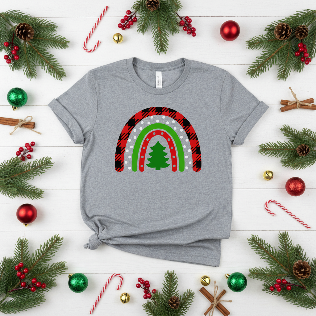 Christmas Tree Buffalo Plaid Rainbow T-Shirt