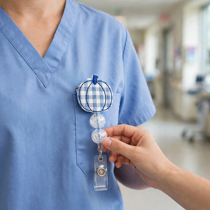 Blue Gingham Pumpkin Badge Reel