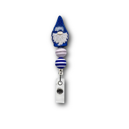 Blue and White Gnome Striped Beaded Badge Reel