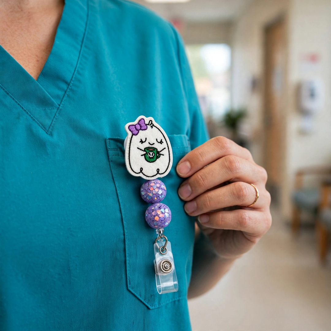 Bow Ghost with Coffee Halloween Badge Reel