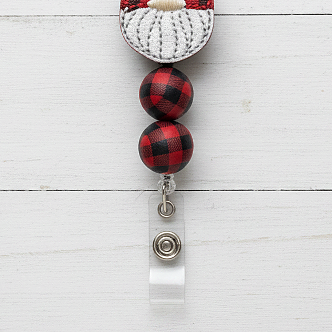 Buffalo Plaid Hat Gnome Beaded Badge Reel