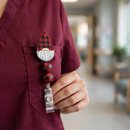 Buffalo Plaid Hat Gnome Beaded Badge Reel