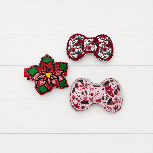 Flower Hair Bow Clip Set on a clean white wood background