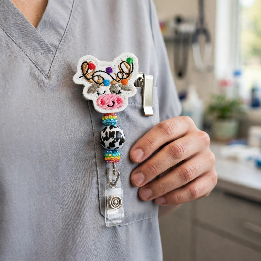 Cow Reindeer with Lights Beaded Badge Reel
