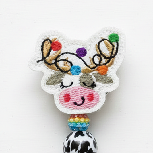 Cow Reindeer with Lights Beaded Badge Reel