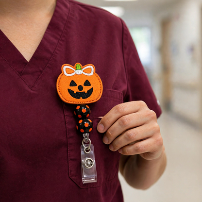 Cute Pumpkin with Bow Halloween Badge Reel