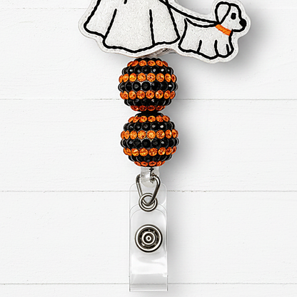 Dog Walking Ghost Halloween Badge Reel