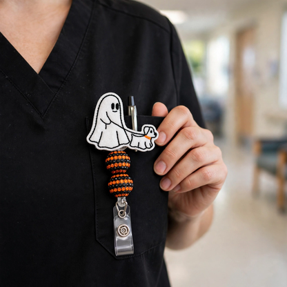Dog Walking Ghost Halloween Badge Reel