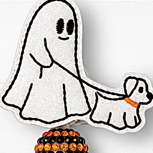 Dog Walking Ghost Halloween Badge Reel