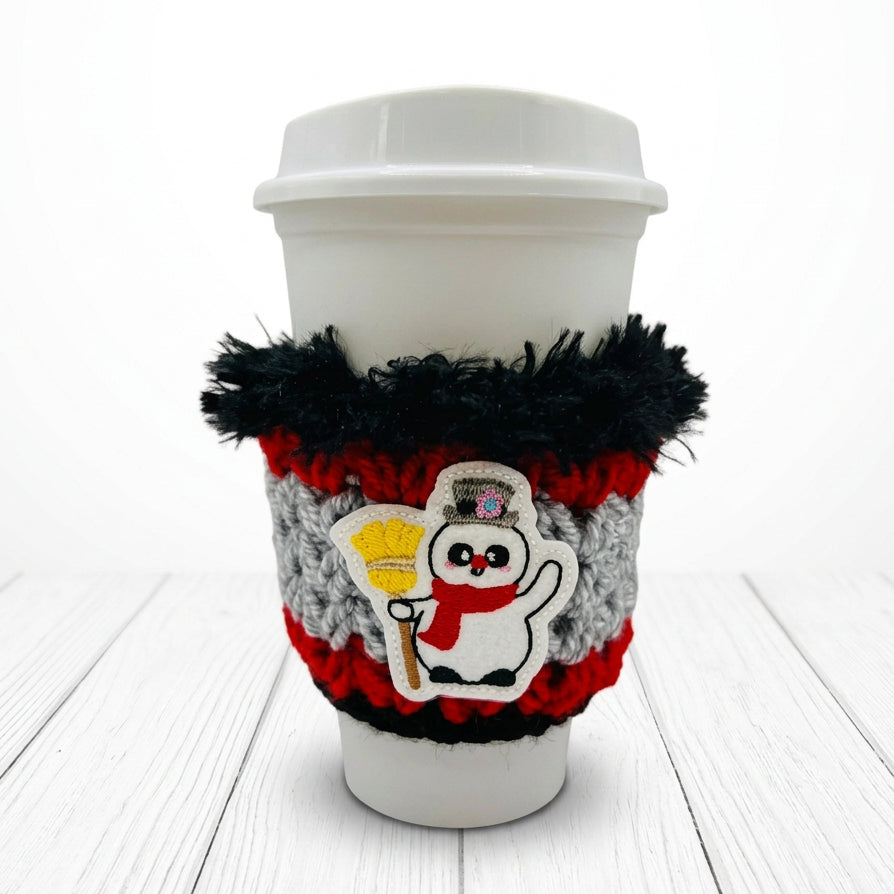 Snowman with Broom Coffee Cozy | Winter Drink Sleeve