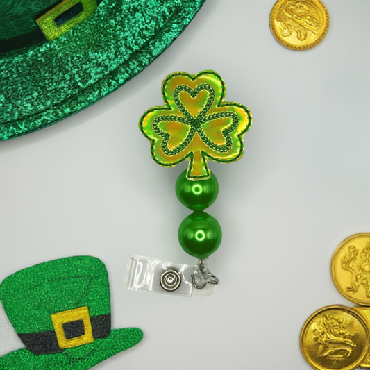 Lime Shamrock Beaded Badge Reel