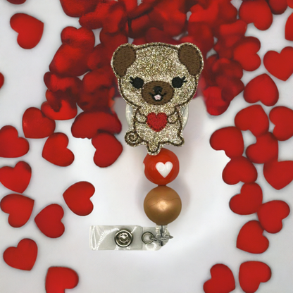 Dog holding Heart Beaded Badge Reel