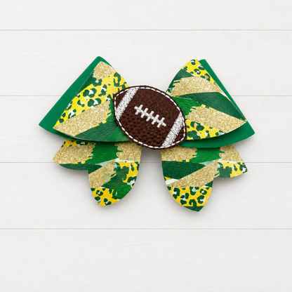 Green and Yellow Football Heart Bow on a clean white wood background