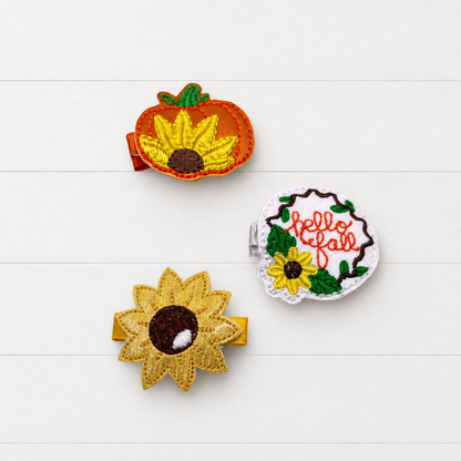 Hello Fall hair clips - set of 3 on a clean white wood background