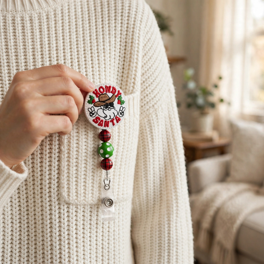 Howdy Santa Beaded Badge Reel