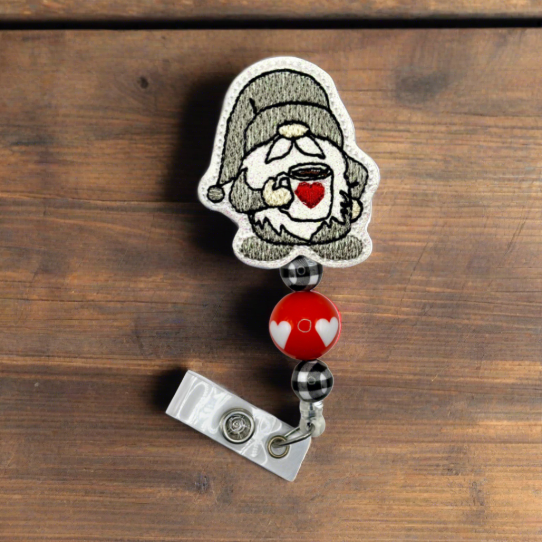 Gnome with Heart Coffee Beaded Badge Reel