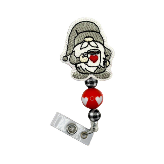 Gnome with Heart Coffee Beaded Badge Reel