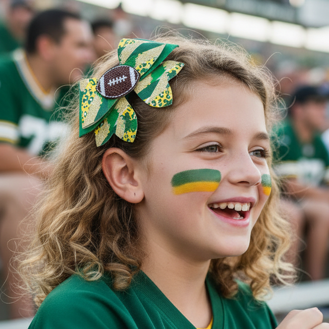 Young girl with sports-themed hair bow and face paint at a sports event
