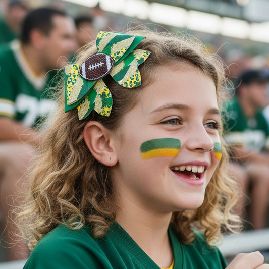 Young girl with sports-themed hair bow and face paint at a sports event