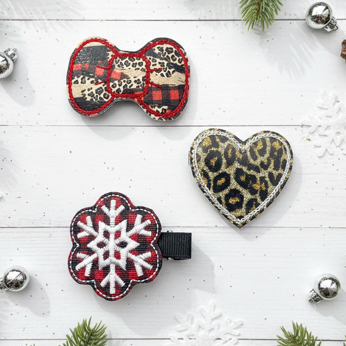 Leopard and plaid winter hair clip set