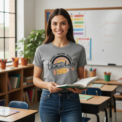 Teacher Rainbow with Pencil T-Shirt