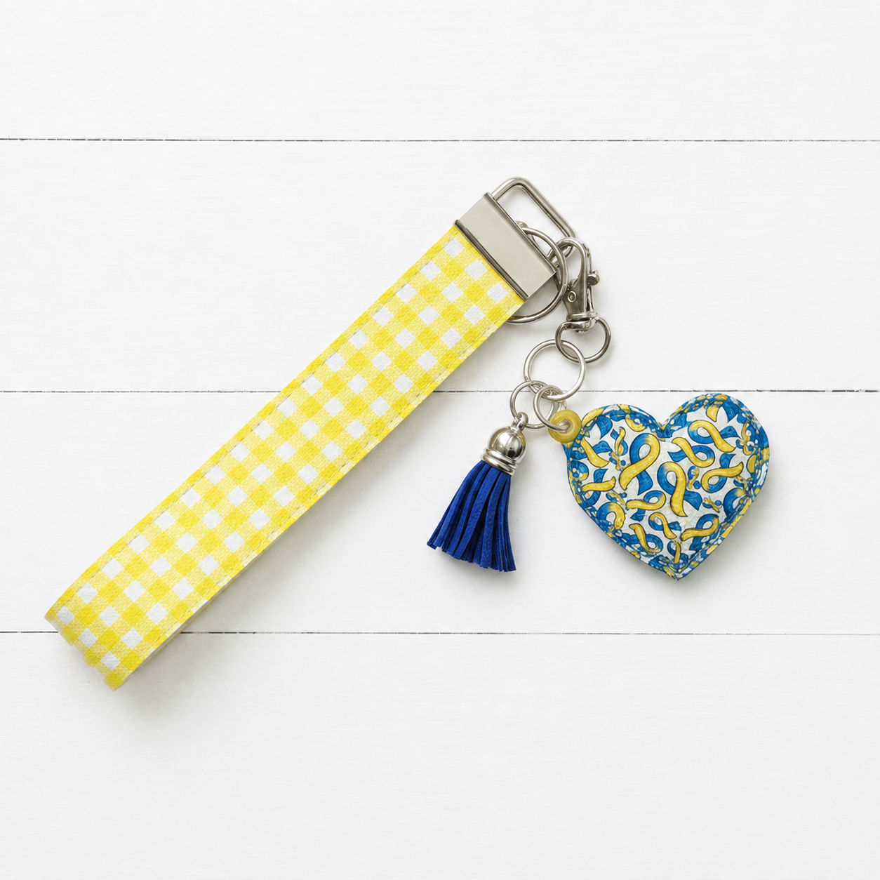 Down Syndrome Awareness Heart Keychain and Wristlet — clean white wood primary image