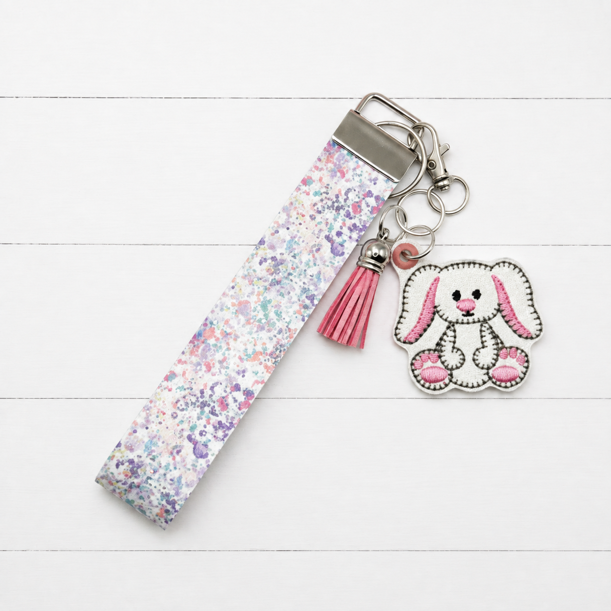 Floppy Ear Bunny Keychain and Wristlet — clean white wood primary image
